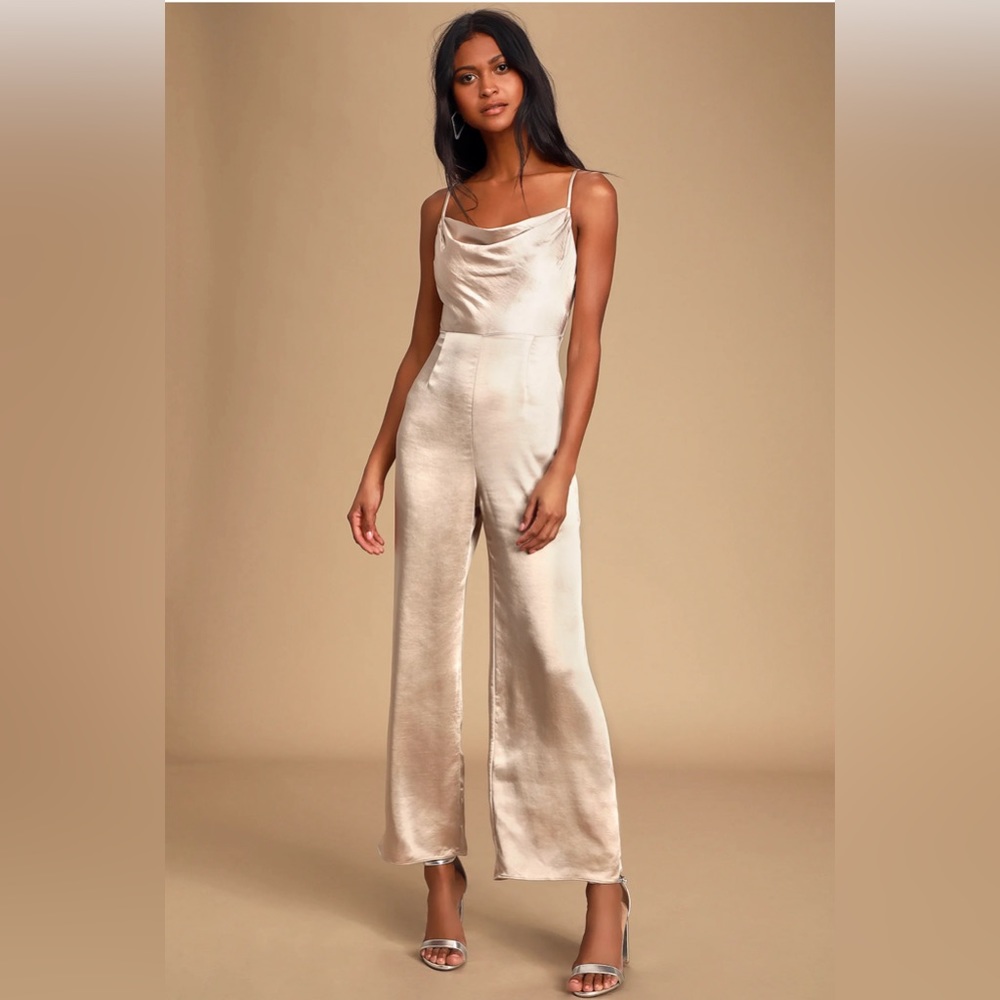 Perfect Night Champagne Satin Cowl Neck Culotte Jumpsuit in Champagne